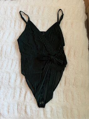 Forever 21 Dark Green Velvet Striped Bodysuit with Bow Size S